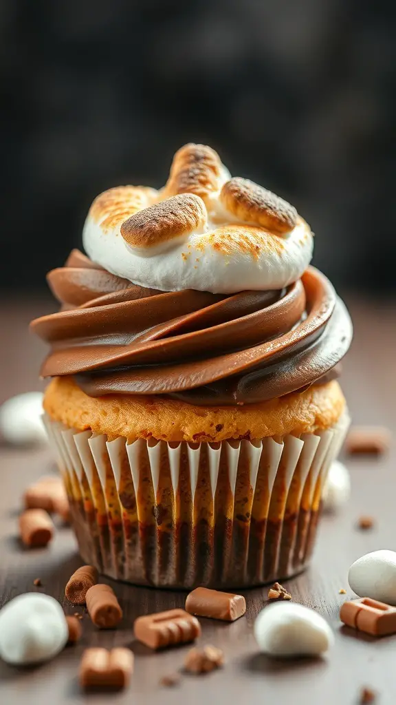 Delicious s'mores cupcake with chocolate frosting and toasted marshmallow topping