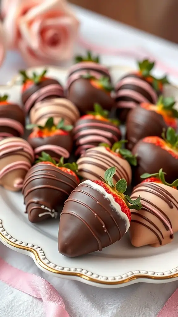 A plate of beautifully decorated chocolate-covered strawberries with pink and dark chocolate drizzles.