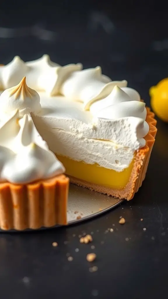 A close-up of a lemon meringue tart with a slice cut out, showing the creamy lemon filling and fluffy meringue topping.
