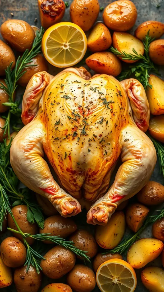 A whole roasted chicken with lemon and potatoes, garnished with herbs.