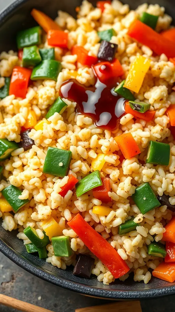 A bowl of cauliflower rice stir-fry with colorful vegetables.