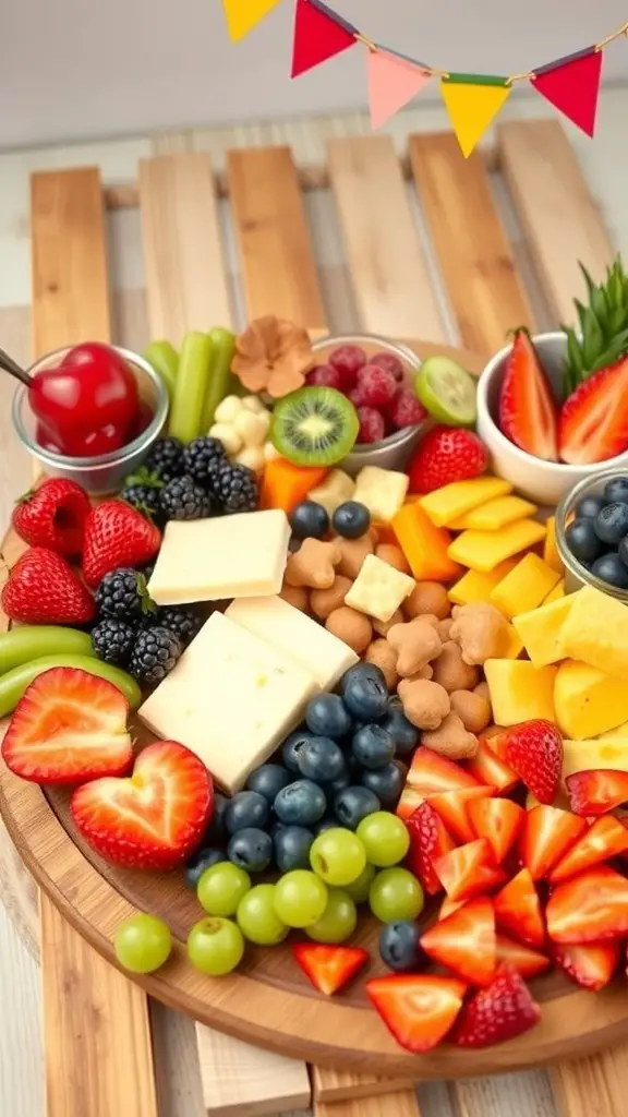 A colorful kids' snack grazing board featuring fruits, cheese, and playful snacks.