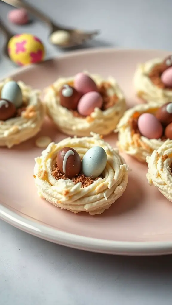 Coconut macaroon nests topped with chocolate eggs on a pink plate