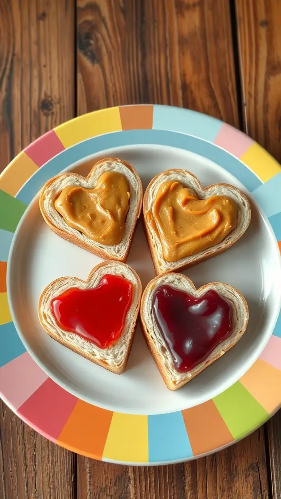 Heart-shaped peanut butter and jelly sandwiches on a colorful plate
