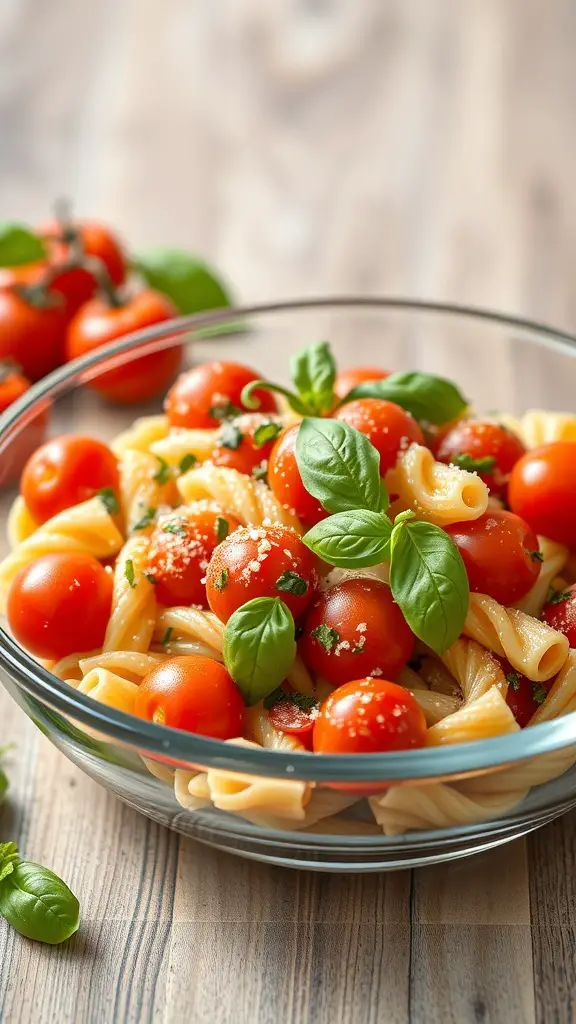 A bowl of pasta salad with cherry tomatoes and basil on a wooden table.