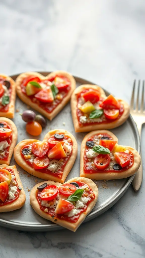 A plate of heart-shaped mini pizzas topped with tomatoes, cheese, and basil.