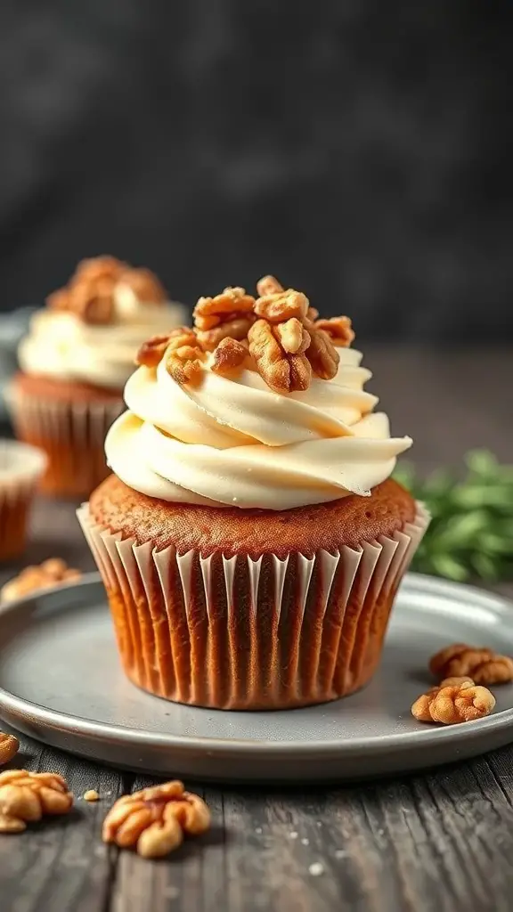 Carrot cake cupcake with cream cheese frosting and walnuts on top