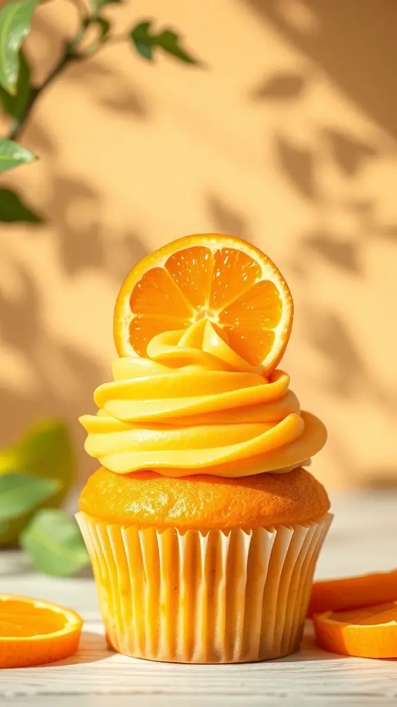 Orange Creamsicle Cupcake with orange frosting and a slice of orange on top