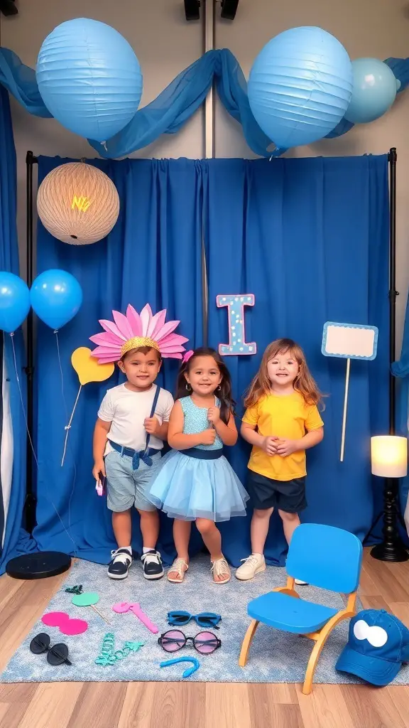 Children posing in a Bluey themed photo booth with blue decorations and fun props.