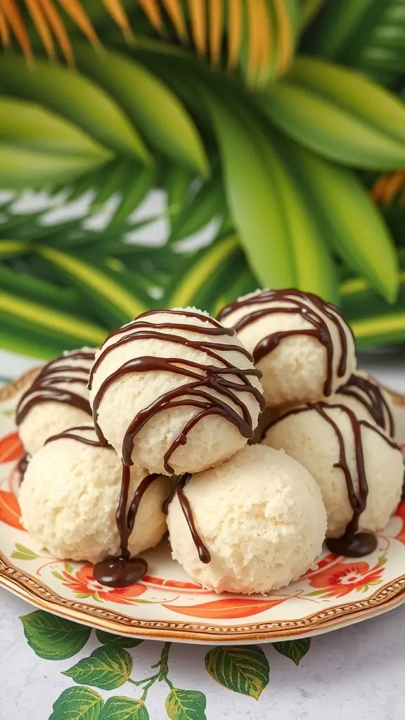 A plate of coconut macaroons drizzled with dark chocolate, surrounded by tropical leaves.