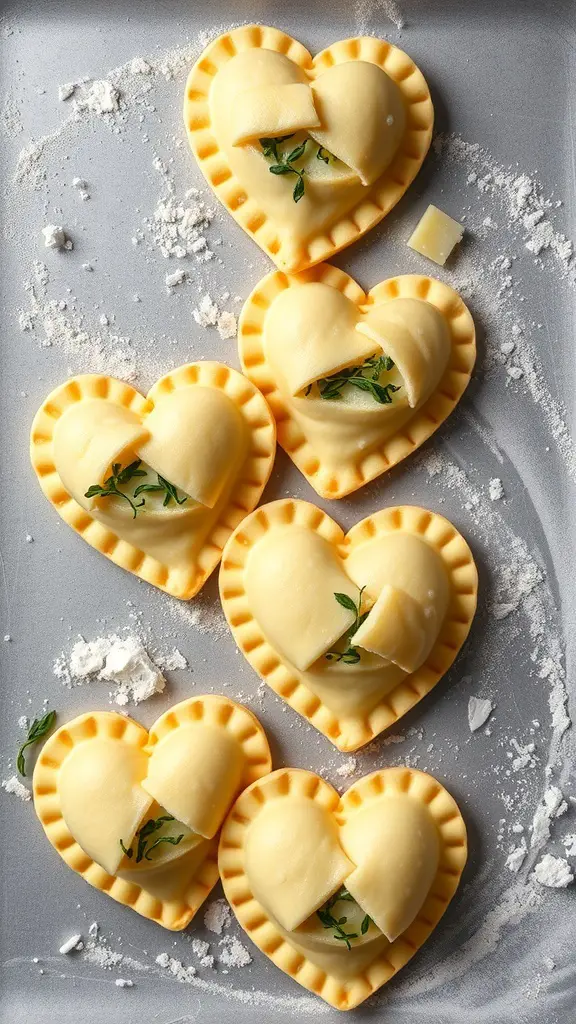 Savory puff pastry hearts filled with herbs on a baking tray
