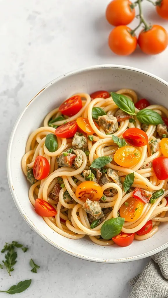 A bowl of pasta primavera with cherry tomatoes and fresh basil.