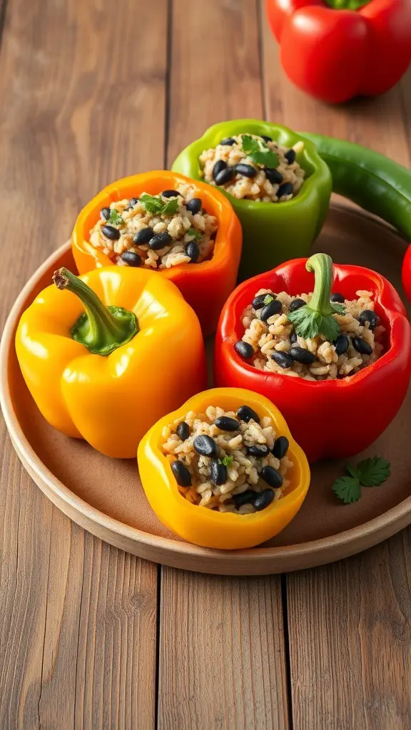 Colorful stuffed bell peppers filled with black beans and rice on a wooden plate.