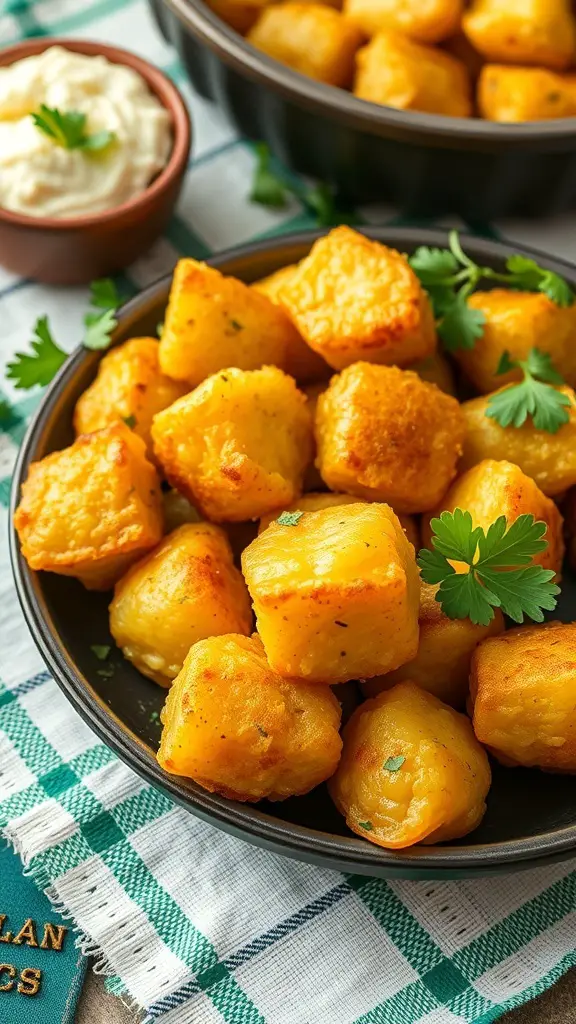 A bowl of crispy colcannon bites with a creamy dip in the background.