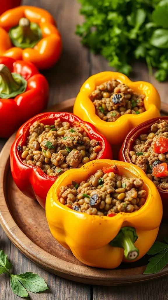 Colorful stuffed bell peppers filled with lentils on a wooden plate