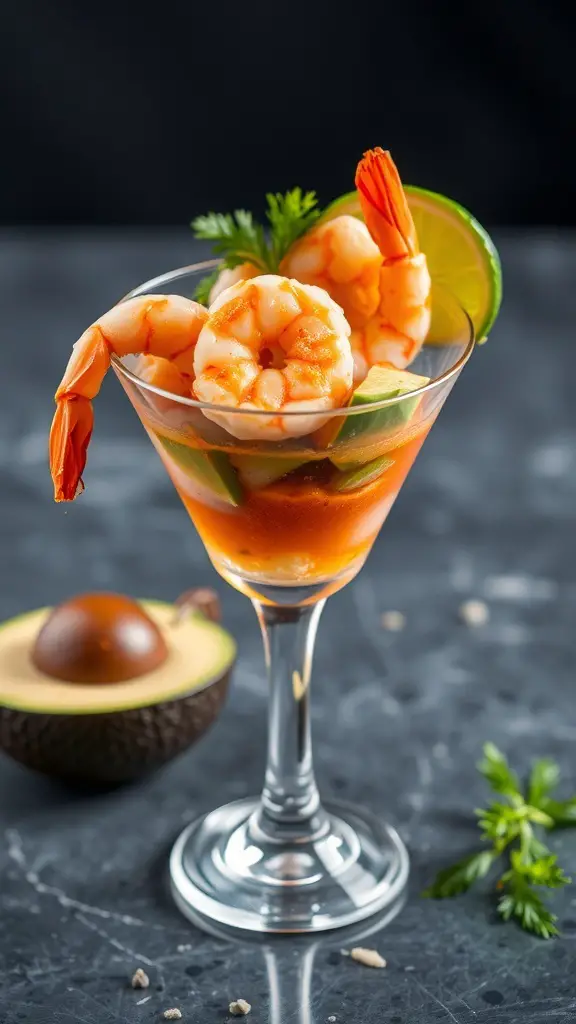 A glass of spicy shrimp cocktail with avocado, garnished with lime and cilantro.