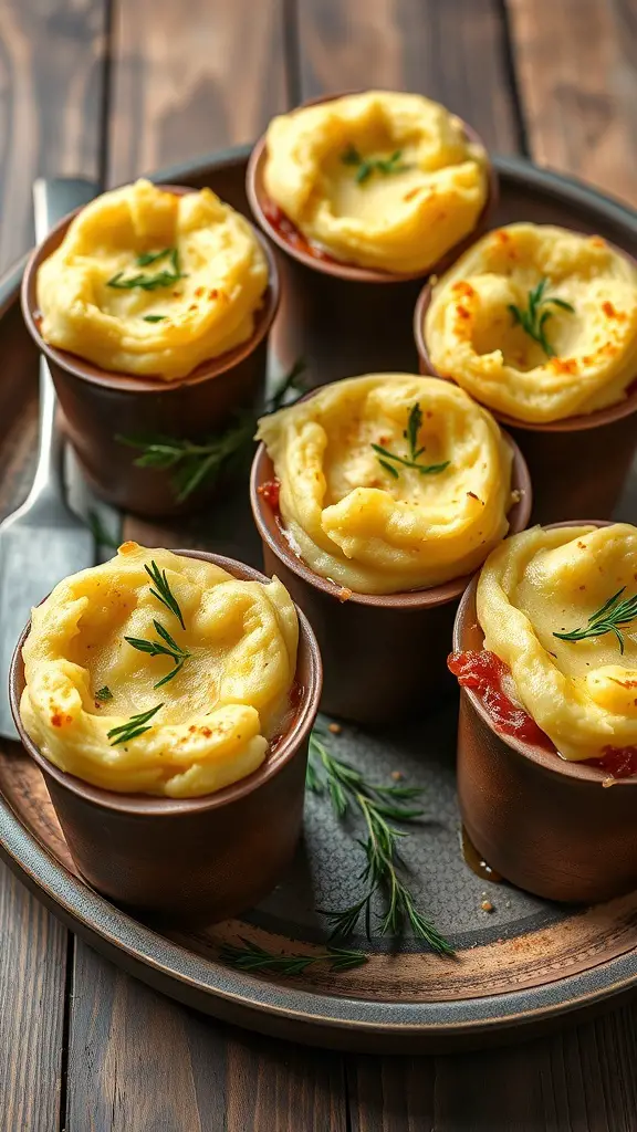 Mini Shepherd's Pie Cups on a wooden platter