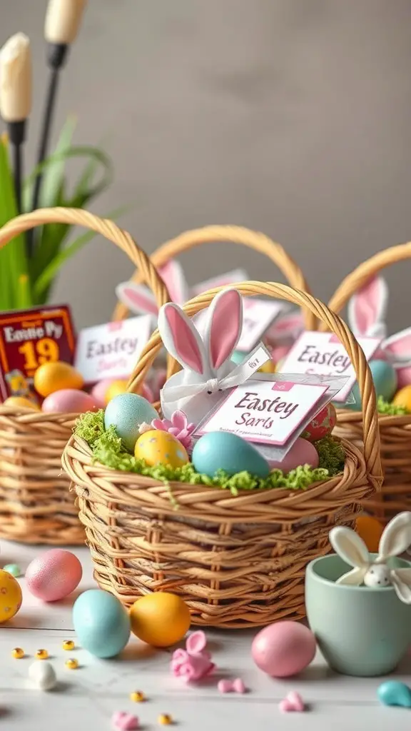 Colorful Easter baskets filled with eggs and treats, perfect for themed party favors.