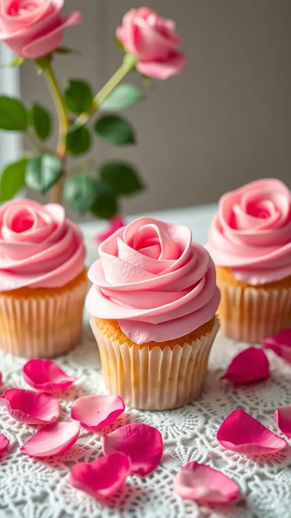 Three raspberry rose cupcakes with pink frosting and rose petals