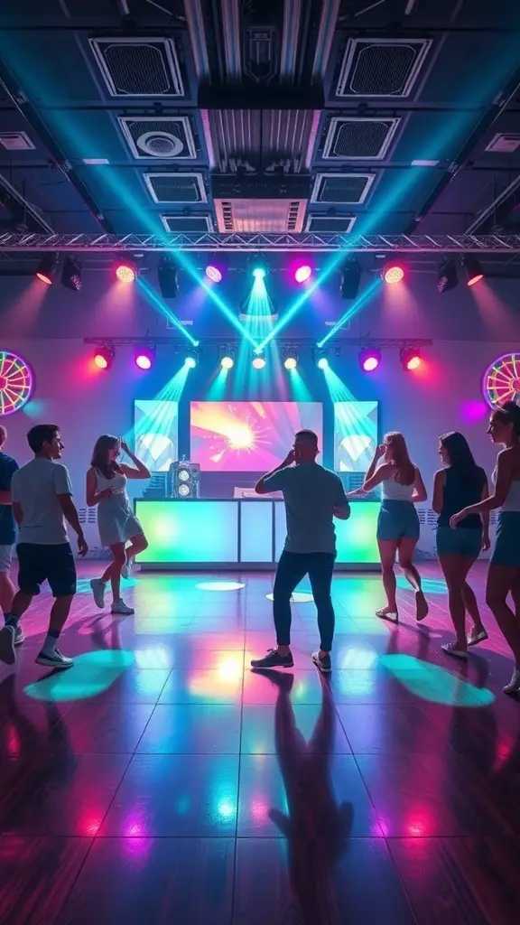 A lively dance party scene with colorful lights and people dancing.