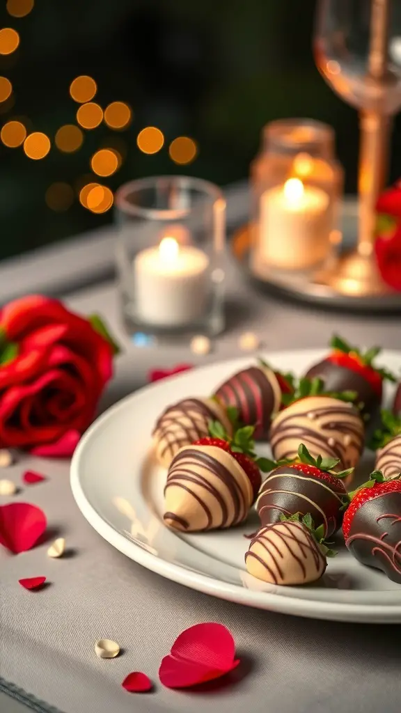 A plate of chocolate-covered strawberries with candles and rose petals in the background.
