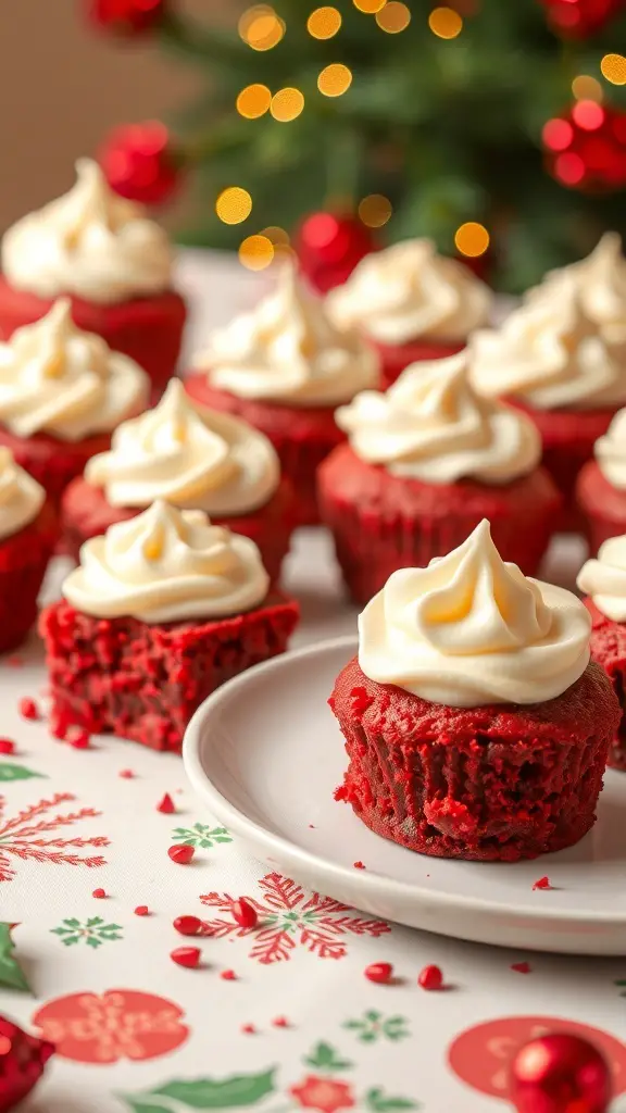 A plate of red velvet cake bites topped with cream cheese frosting, surrounded by festive decorations.
