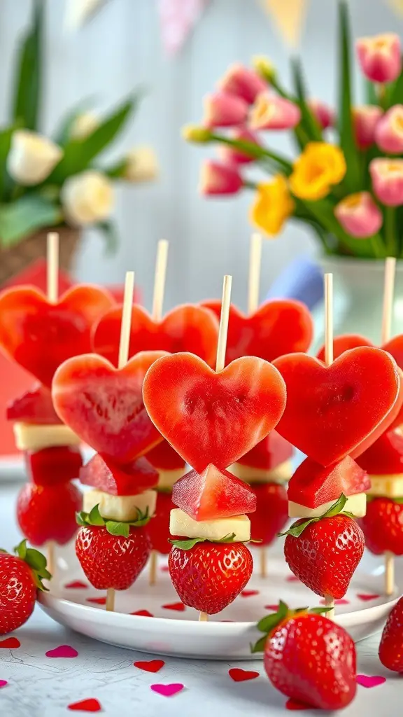 Colorful fruit skewers shaped like hearts, featuring strawberries, watermelon, and pineapple, displayed on a plate.