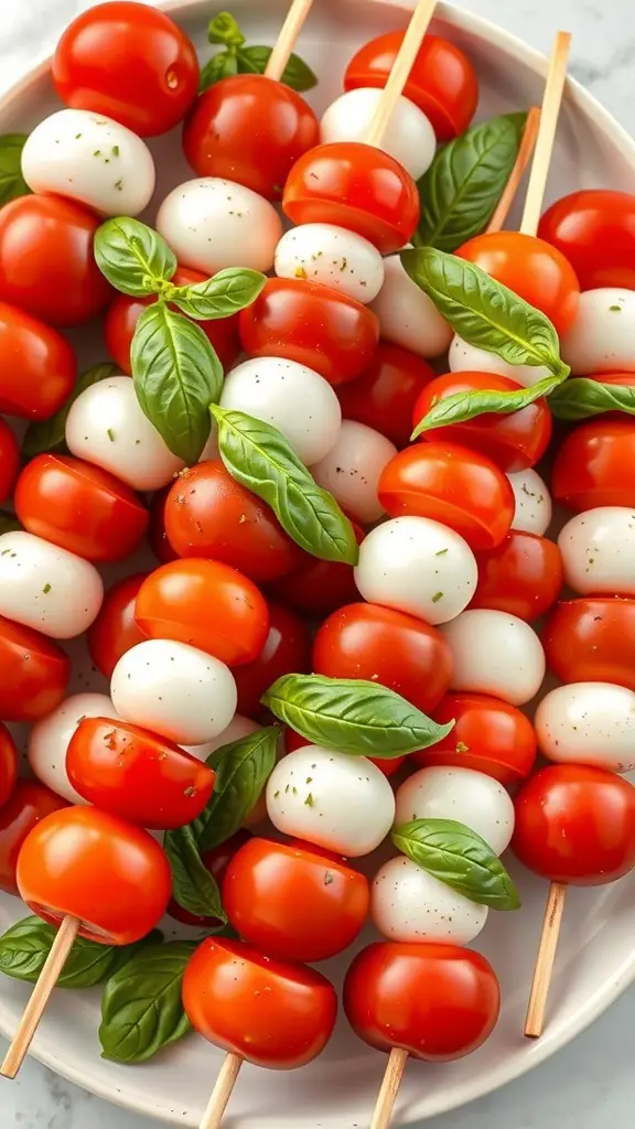 A plate of Caprese salad skewers with cherry tomatoes, mozzarella balls, and basil leaves.