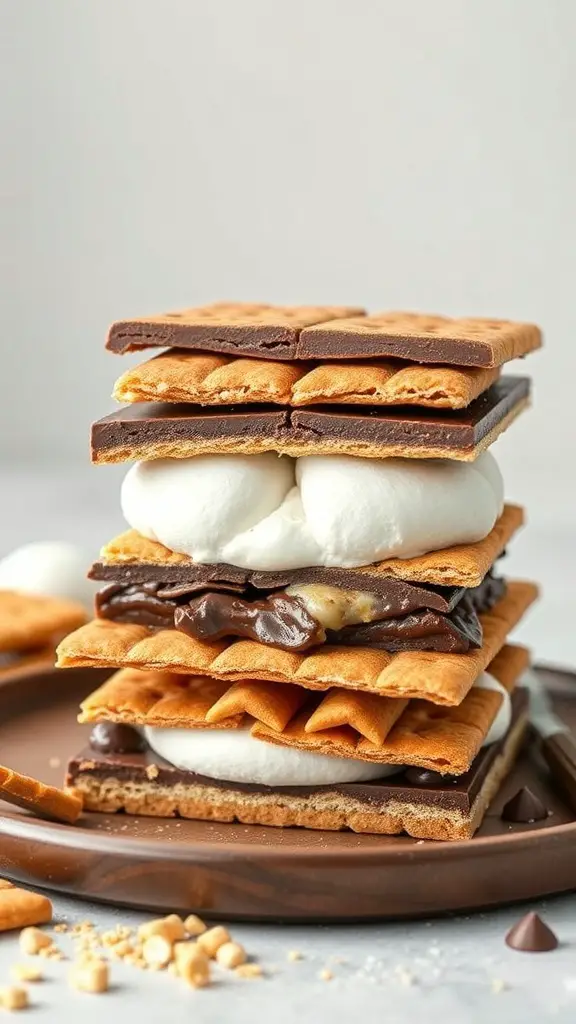 A stack of S'mores Bento Cake with layers of graham crackers, chocolate, and marshmallows.