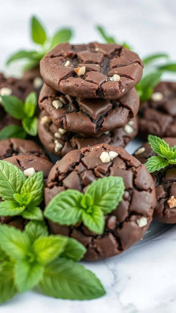 A stack of chocolate mint cookies surrounded by fresh mint leaves.