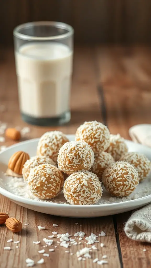 A plate of peanut butter energy balls rolled in coconut, with a glass of milk in the background.