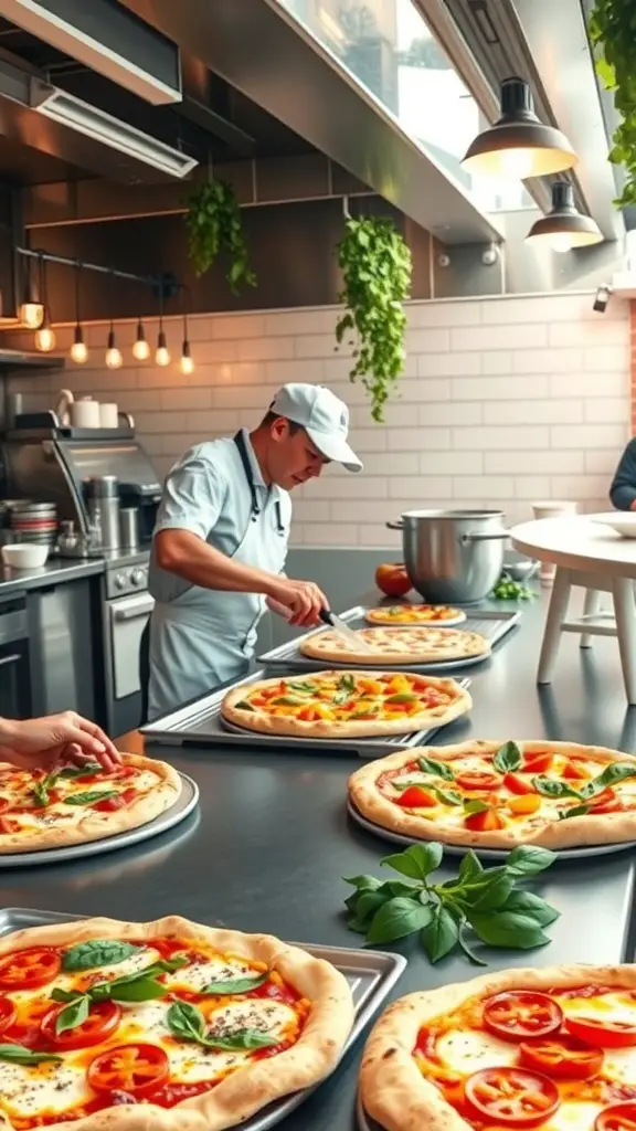 A chef preparing artisan pizzas with fresh ingredients in a modern kitchen setting.