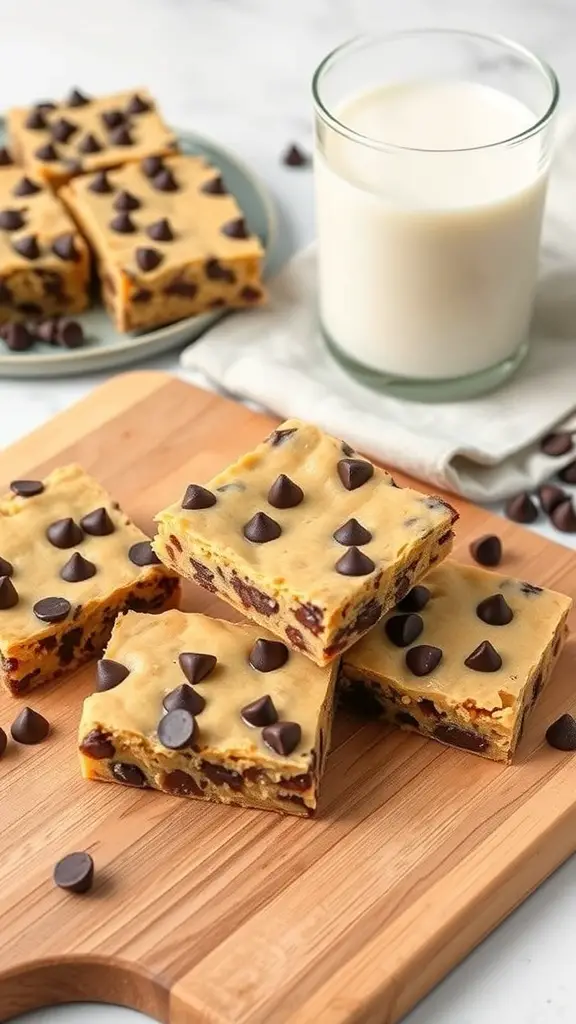 Peanut Butter Chocolate Chip Bars with chocolate chips on top and a glass of milk