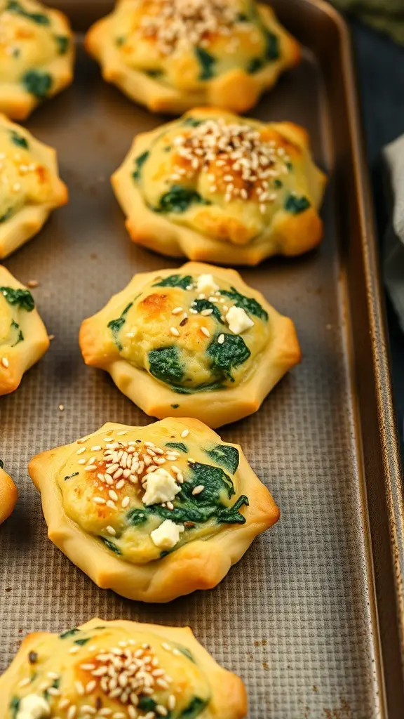 Savory spinach and feta puffs on a baking tray