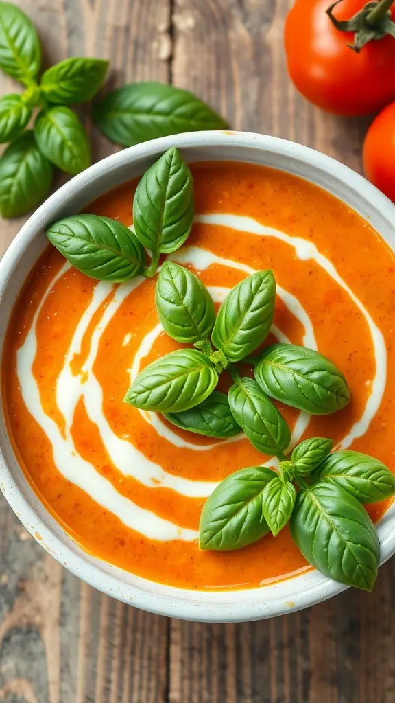 A bowl of creamy tomato basil soup garnished with fresh basil leaves.