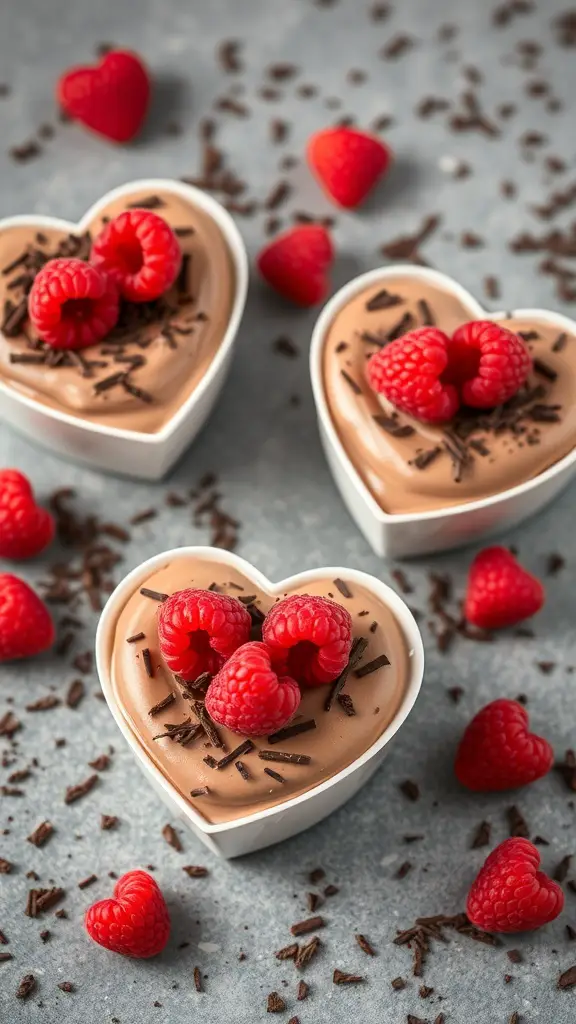 Heart-shaped chocolate mousse cups topped with raspberries and chocolate shavings.