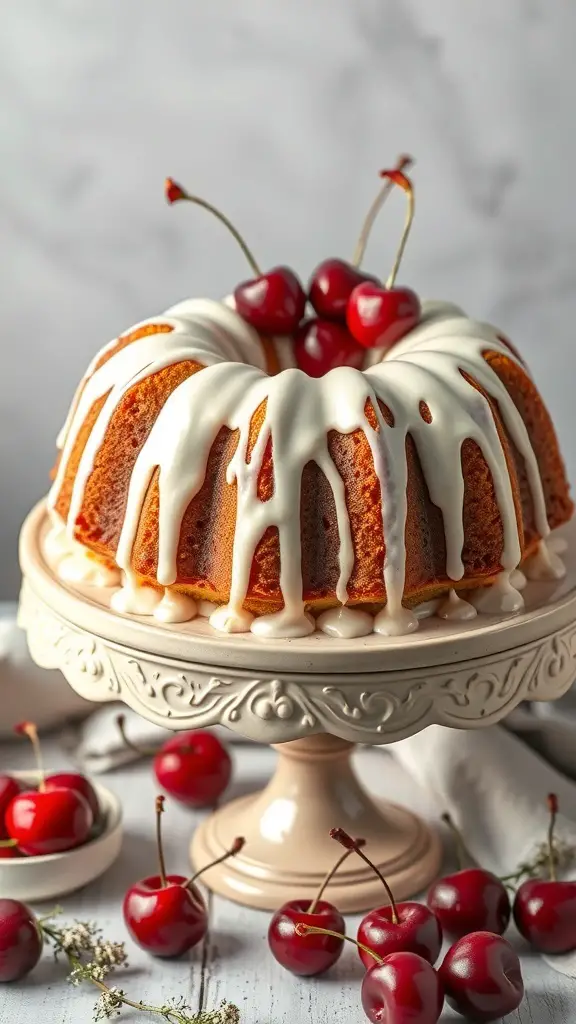 A Cherry Almond Bundt Cake topped with cherries and drizzled with white glaze on a decorative stand.