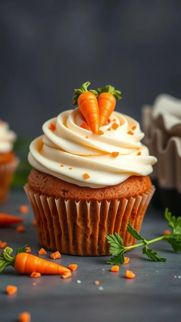 Carrot cake cupcake with cream cheese icing and decorative carrots on top
