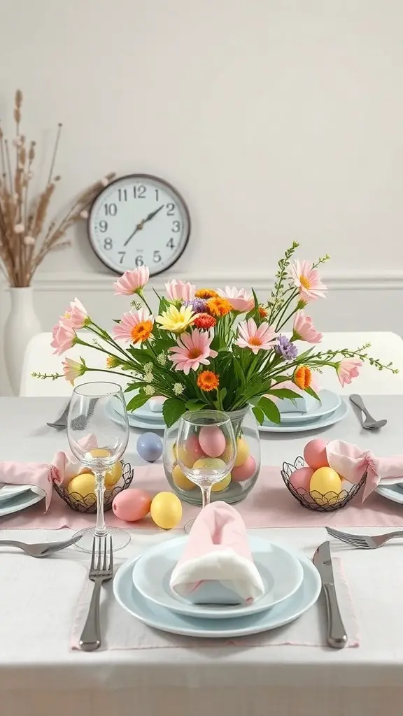 A beautifully set Easter table with flowers and colorful eggs.