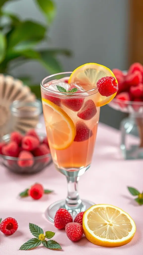 A glass of sparkling raspberry lemonade with lemon slices and fresh raspberries, surrounded by more raspberries and mint leaves.