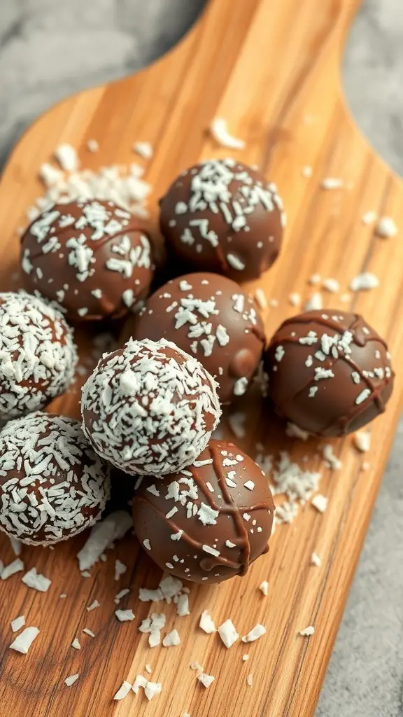 A wooden board with chocolate coconut energy balls, some coated in shredded coconut and others drizzled with chocolate.