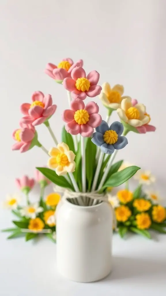 Colorful cake pops shaped like flowers in a vase