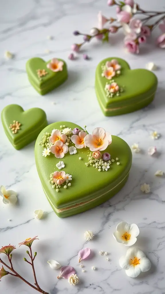 Matcha green tea heart cakes decorated with flowers
