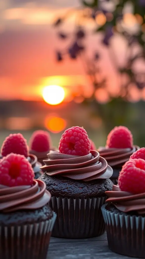 Chocolate raspberry cupcakes with frosting and fresh raspberries on top, set against a beautiful sunset background.