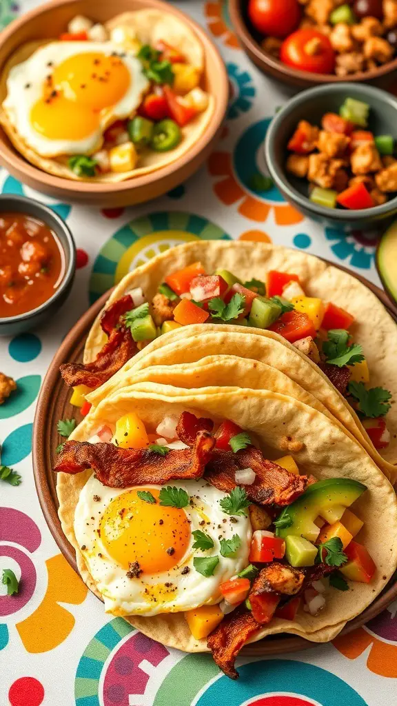 A plate of bacon and egg breakfast tacos with colorful toppings and salsa on the side.