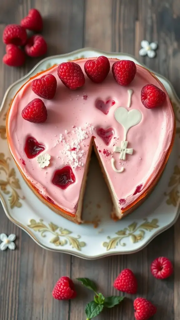 Heart-shaped raspberry cheesecake with fresh raspberries on top