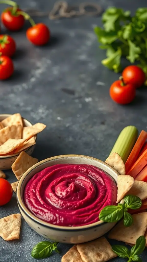 A bowl of heart-shaped beet hummus surrounded by fresh vegetables and pita chips.