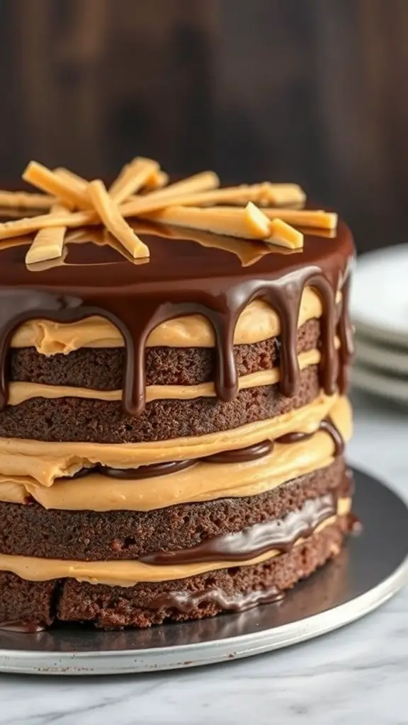 A beautifully layered Peanut Butter Chocolate Cake with chocolate ganache and peanut butter frosting.