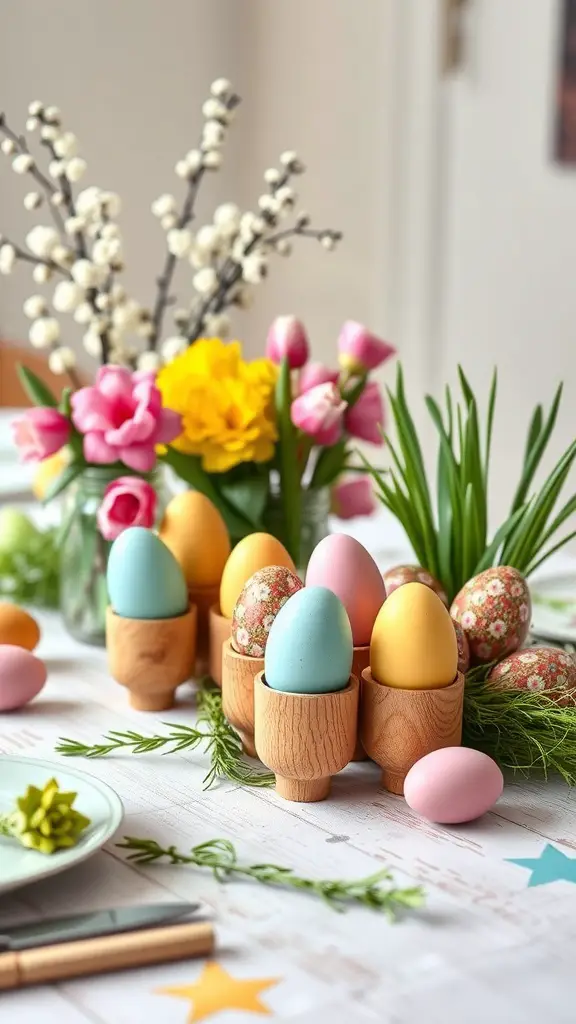 Colorful Easter egg holders with pastel eggs and flowers on a table