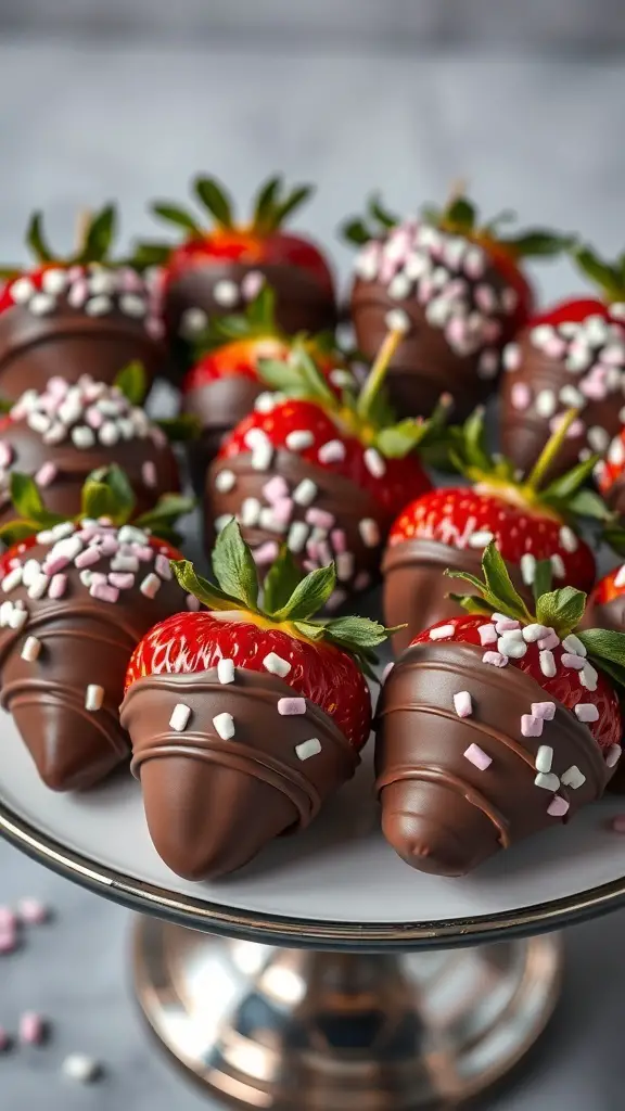 A plate of chocolate dipped strawberries decorated with colorful sprinkles.
